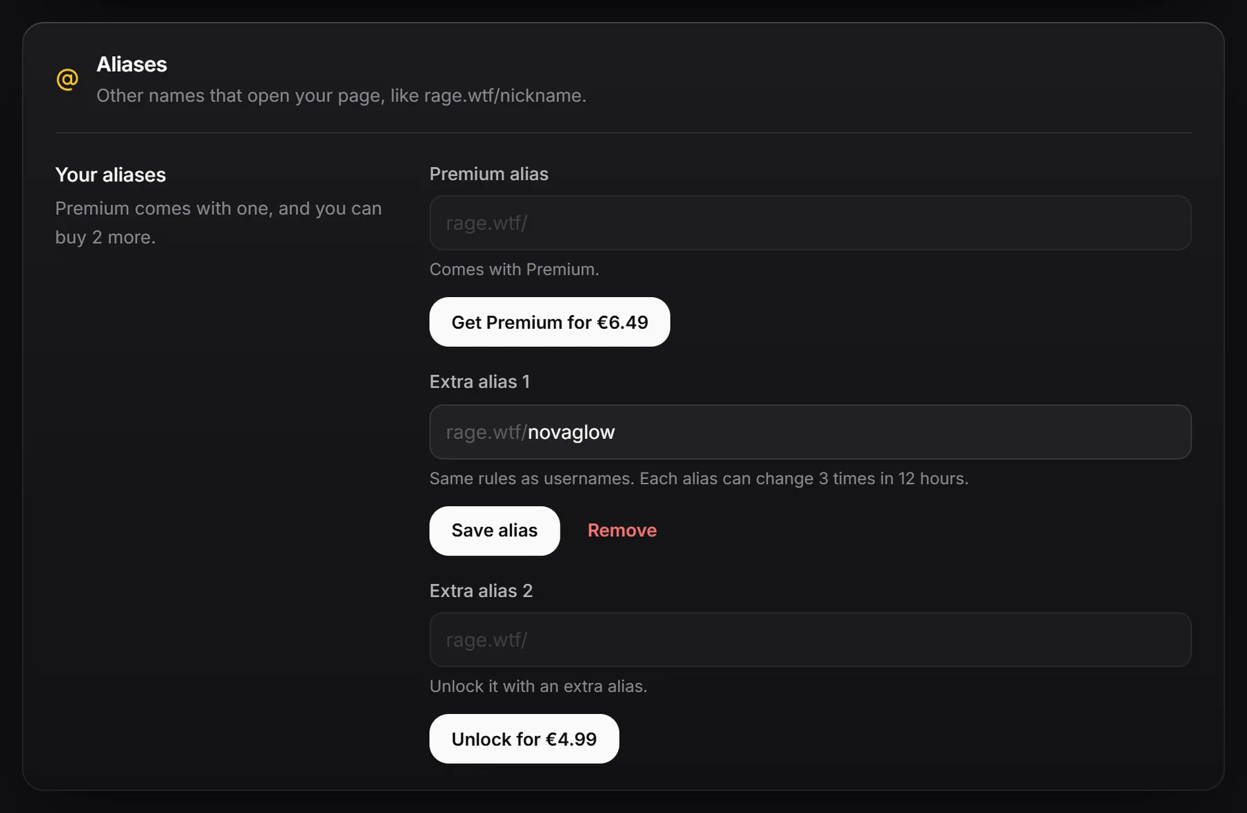 The Aliases section with locked and unlocked slots