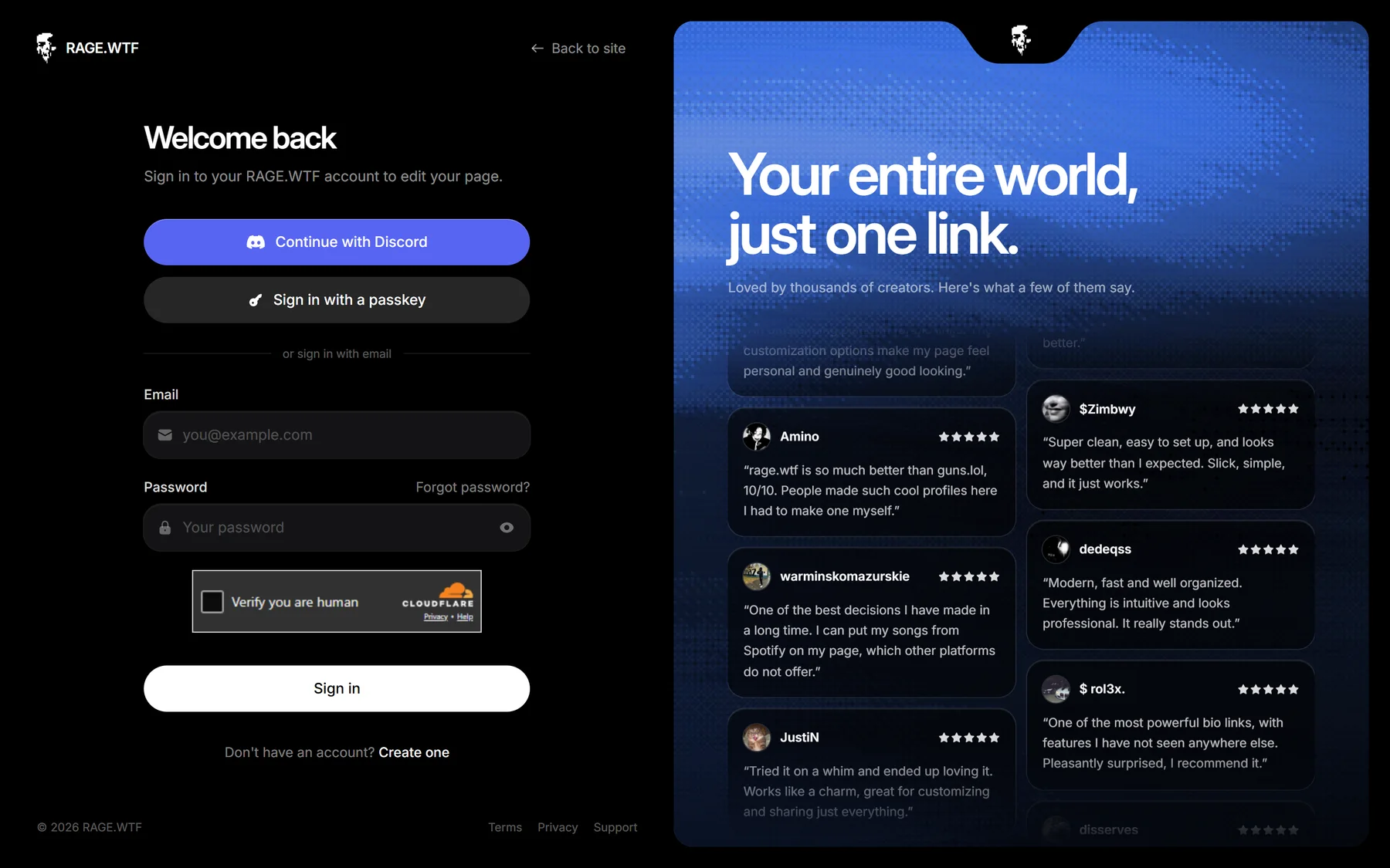 The Settings page with its section list
