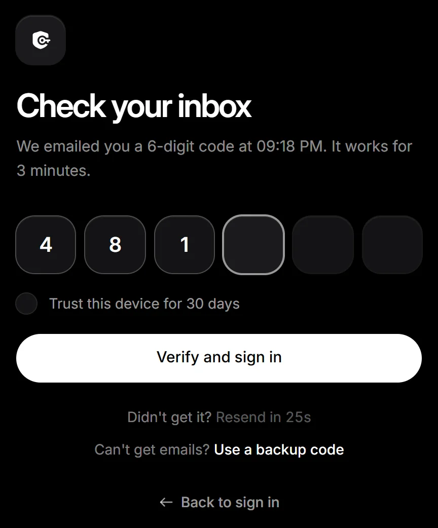 The two-factor code screen