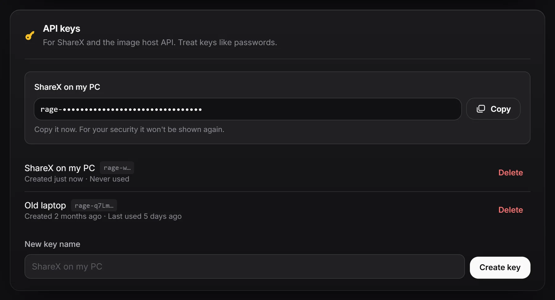 A new API key shown once with its Copy button