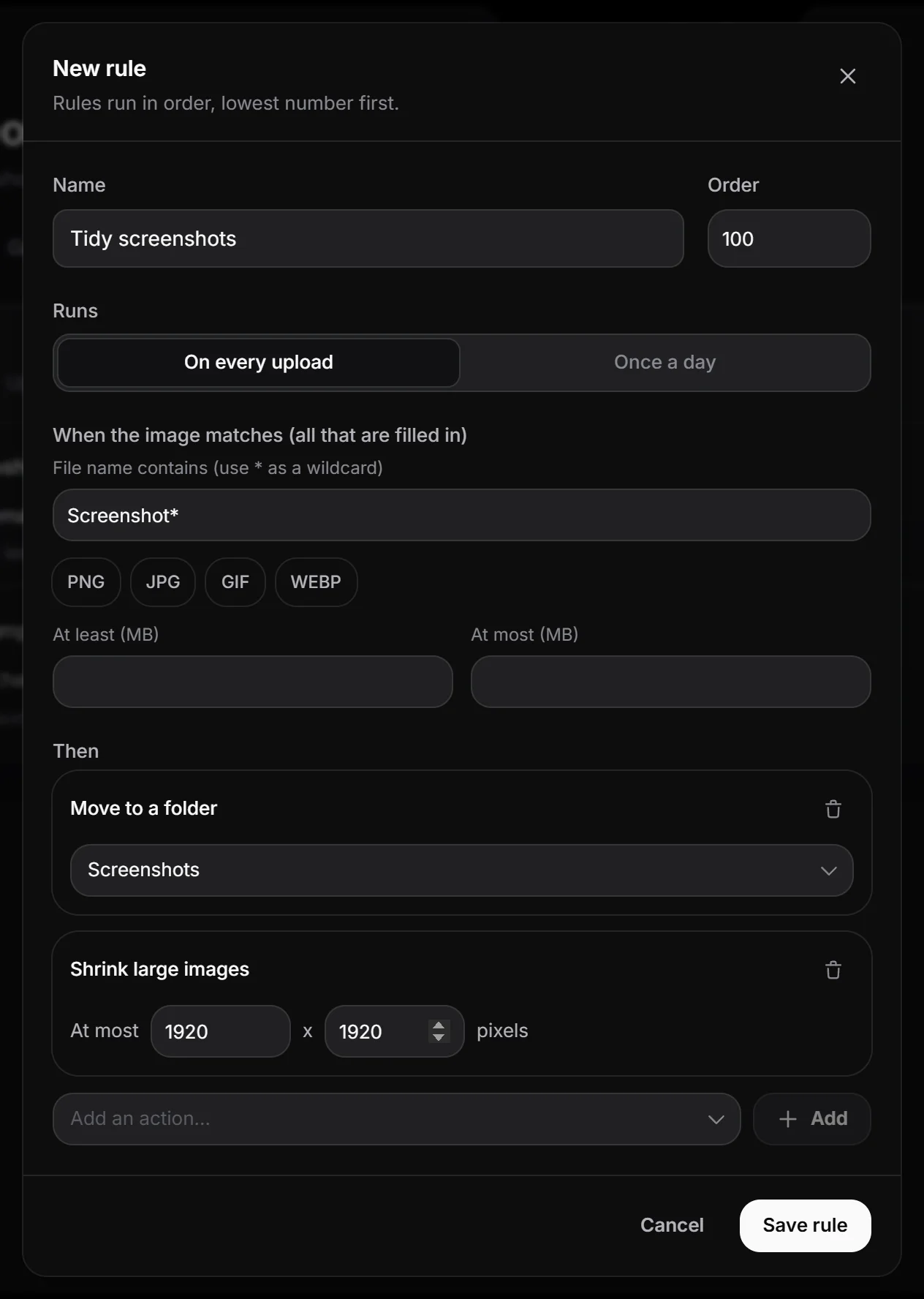 The rule editor with a name condition and two actions