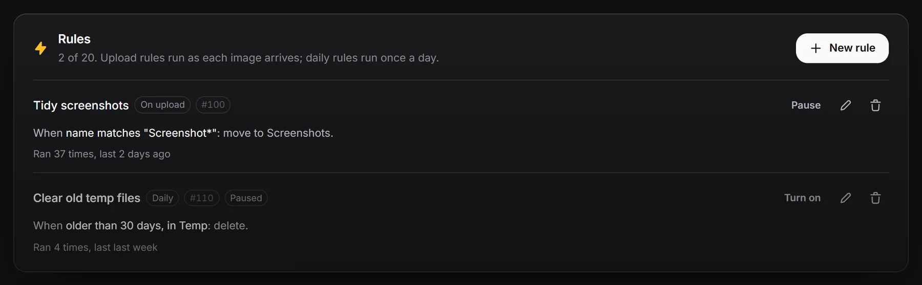 The Rules list with an upload rule and a daily rule