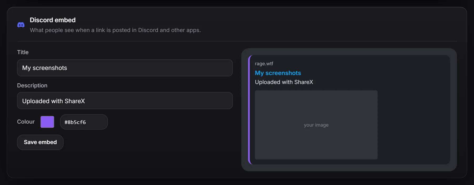 The Discord embed form with the live preview beside it