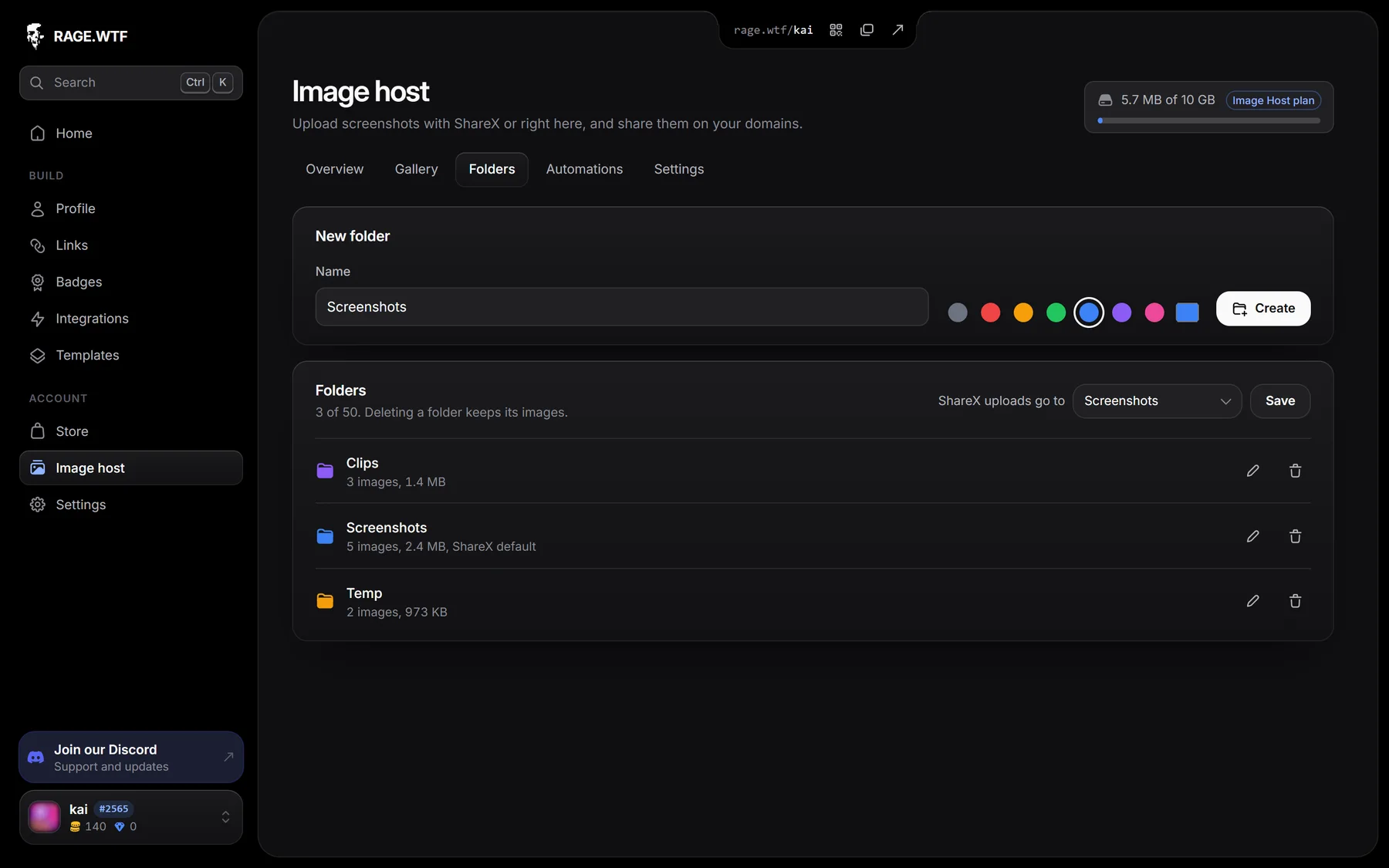 The Folders tab with the New folder form and a list of folders