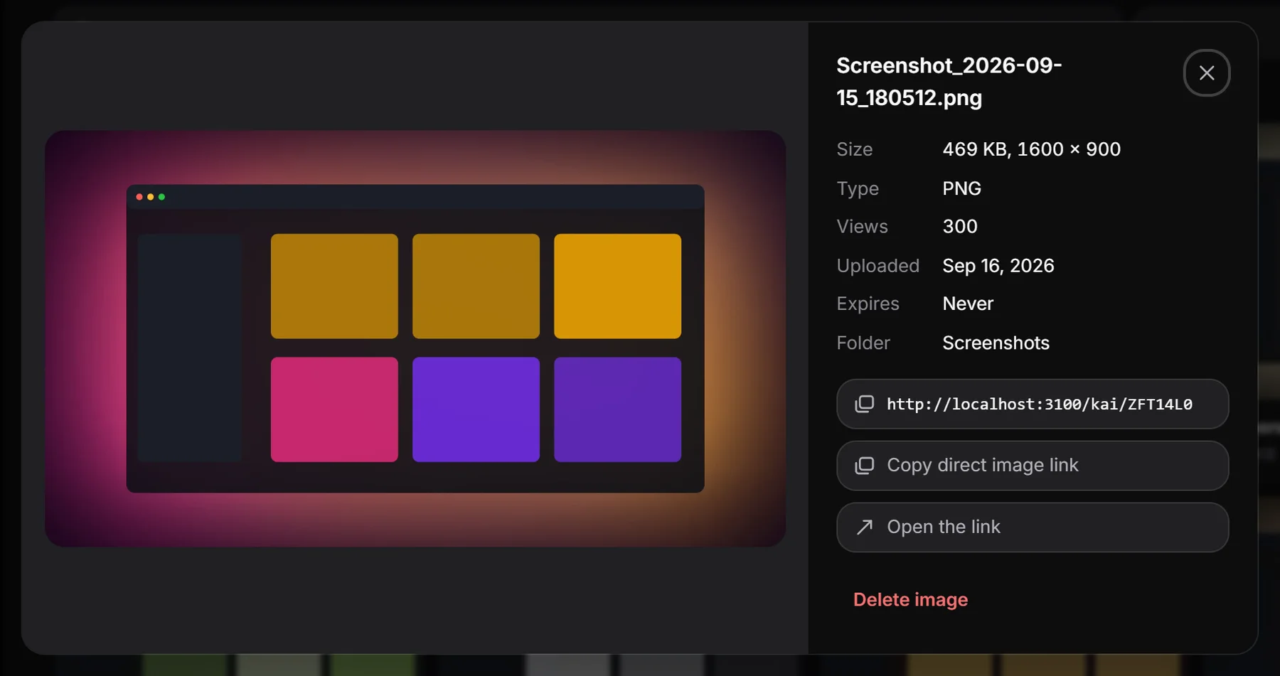 An image opened in the gallery with its details and copy buttons