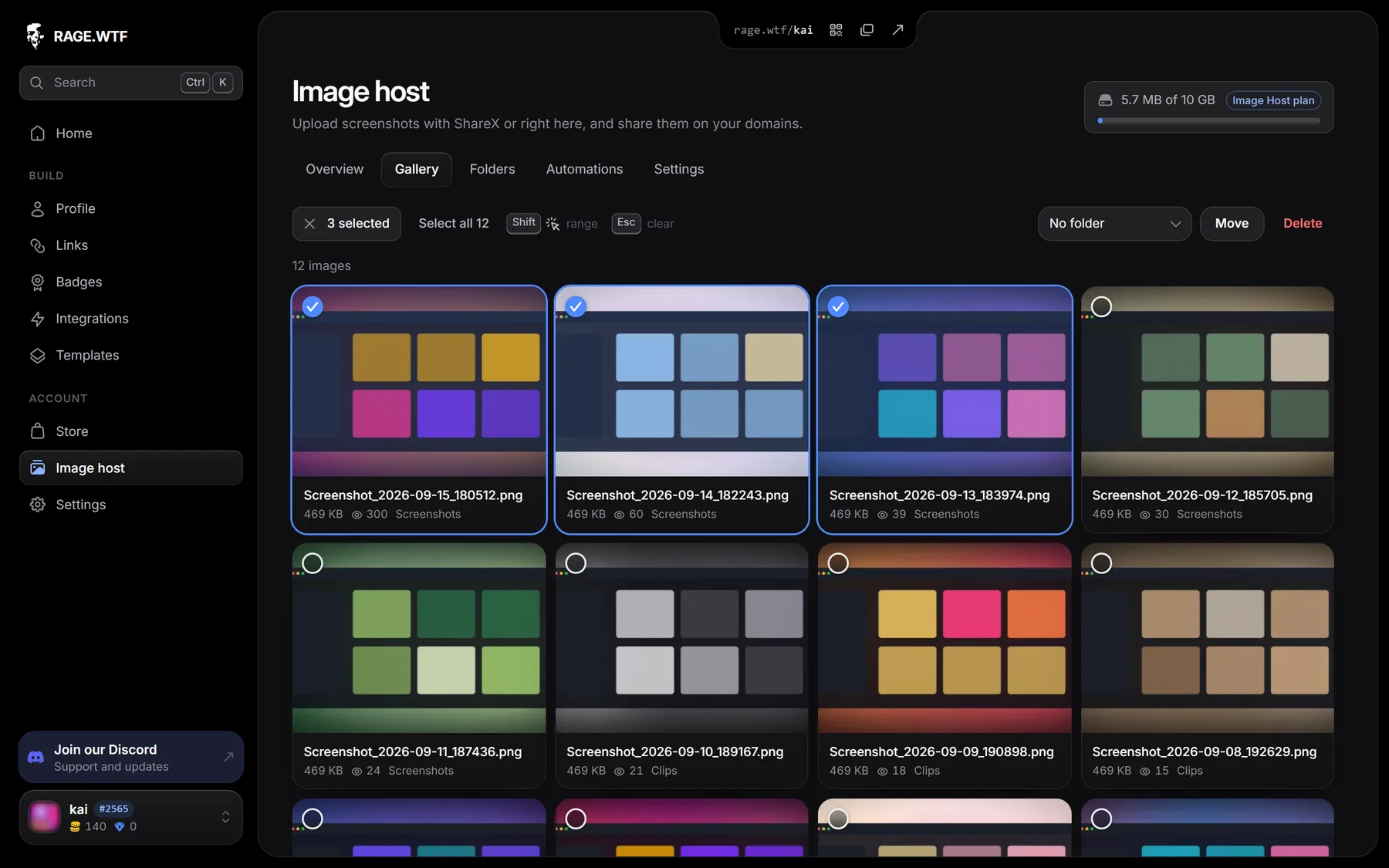Several images selected, with the Move and Delete actions in the bar