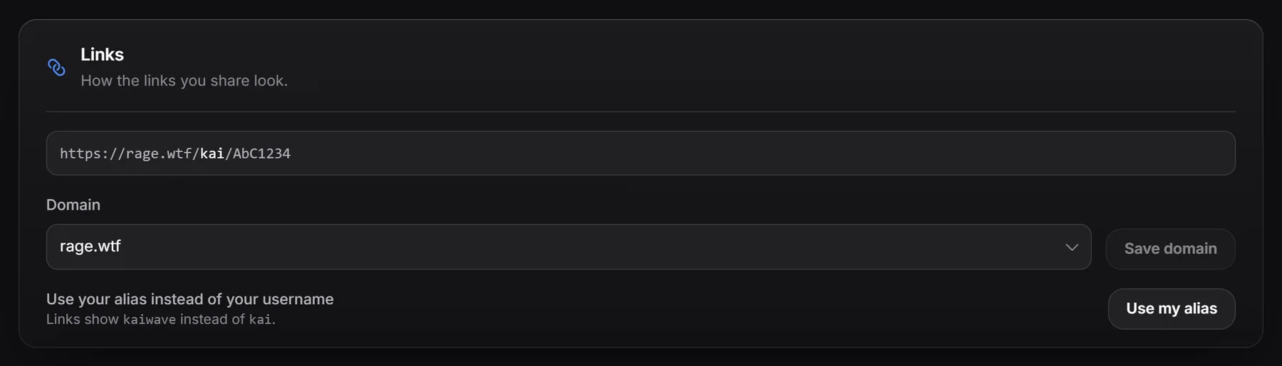 The Links section with the domain menu and an example link