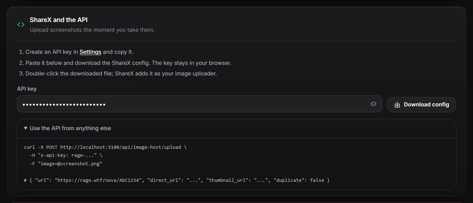The ShareX and the API section with an API key pasted and the Download config button