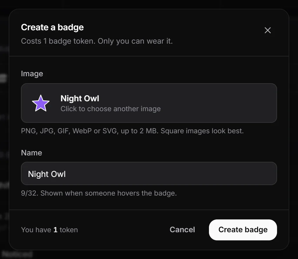 The Create a badge dialog with an image and a name filled in