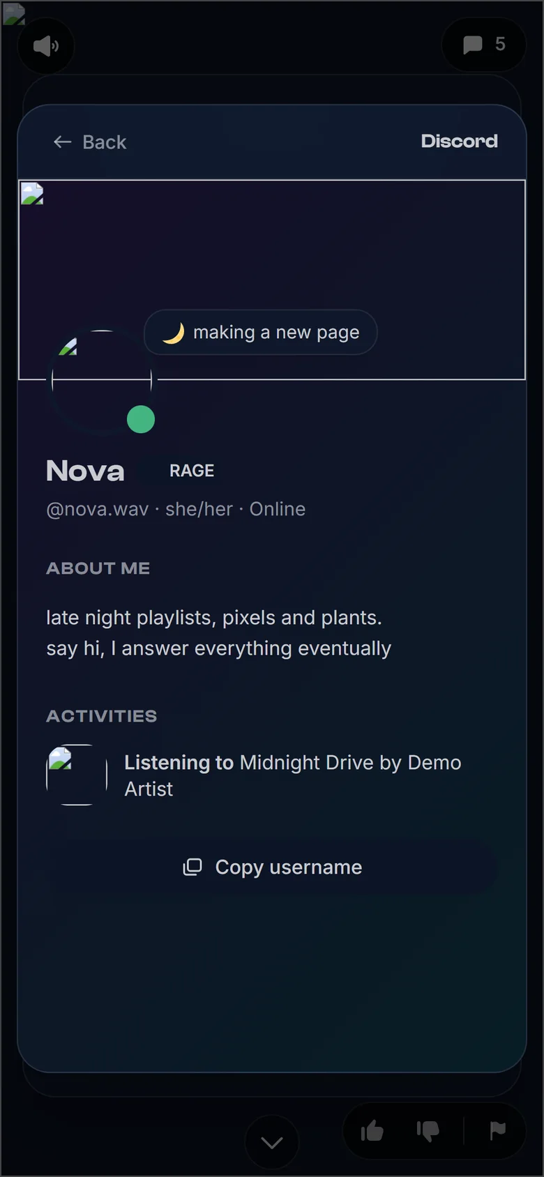 A Discord card opened into its full view on a profile