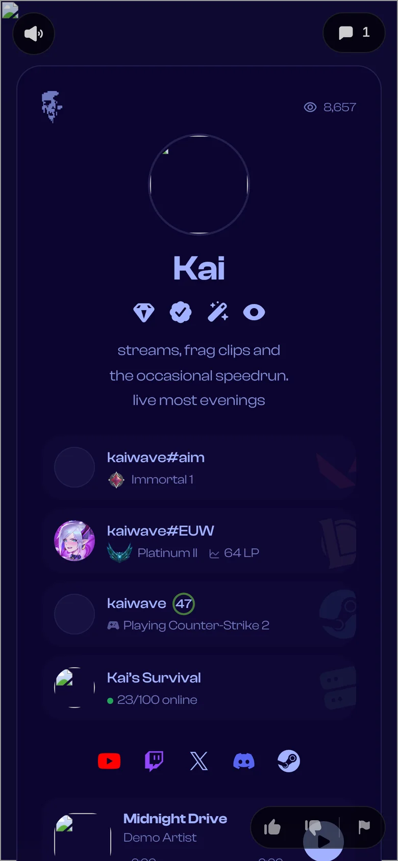 Game integration cards on a profile