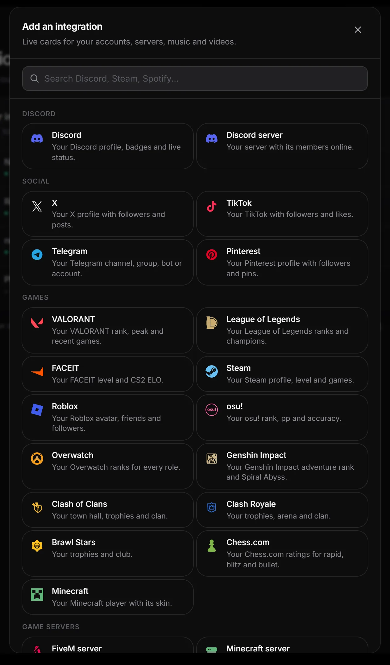 The Add an integration picker with the service groups