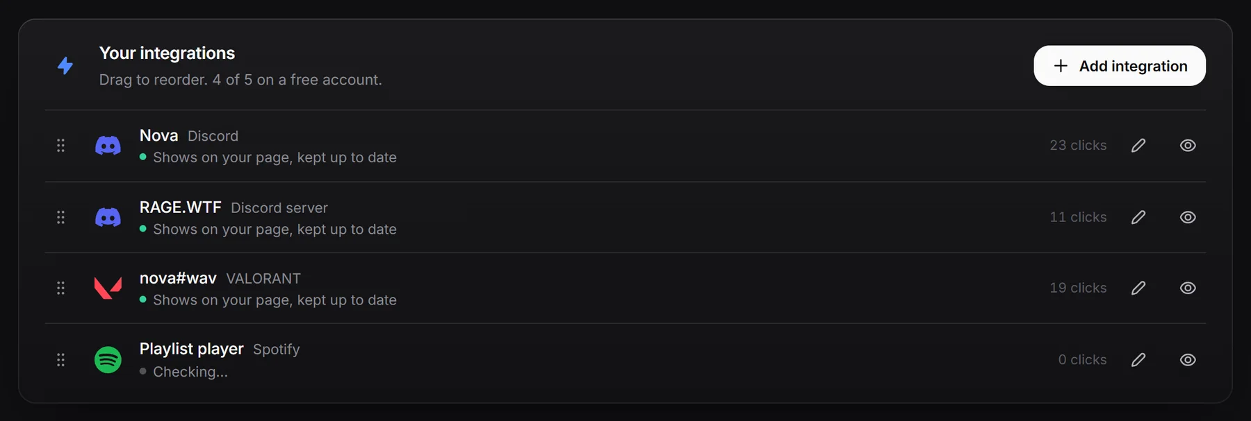 The Integrations page with cards in order and their status