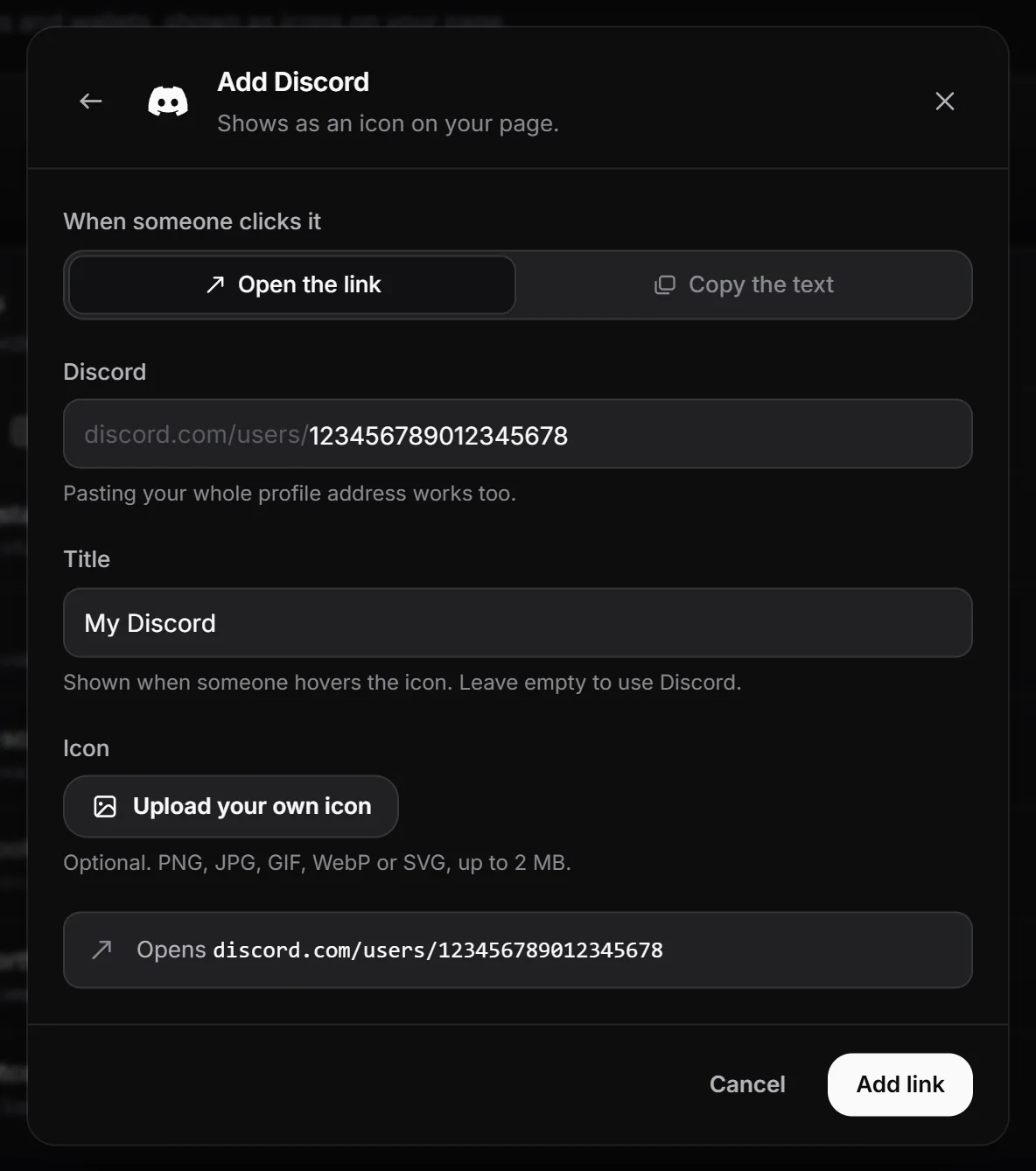 The link form for Discord with the open or copy choice and the preview line