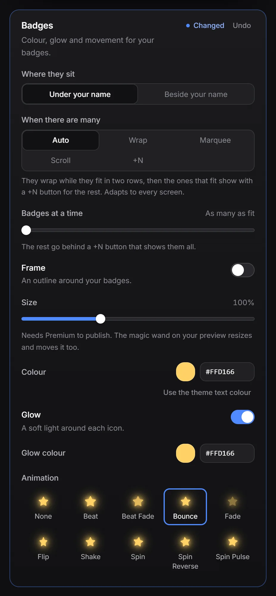 The Badges box with position, colour, glow and animation