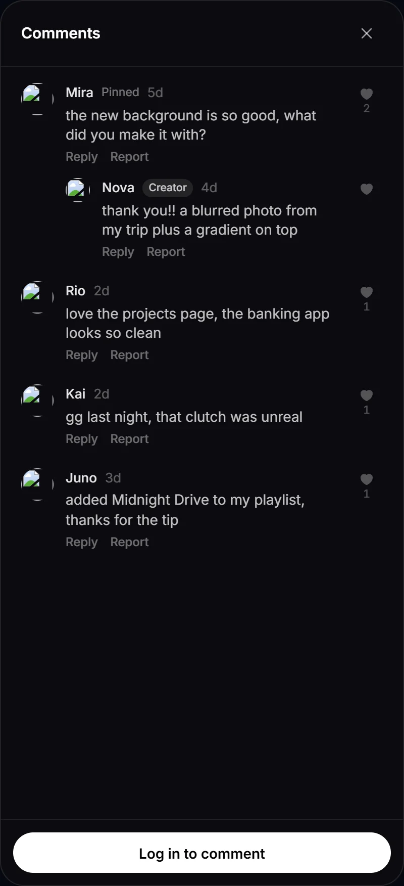 The comments panel with a pinned comment