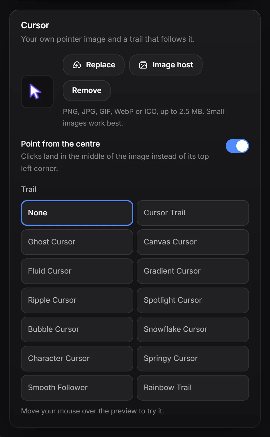 The Cursor box with an uploaded cursor and the trail tiles