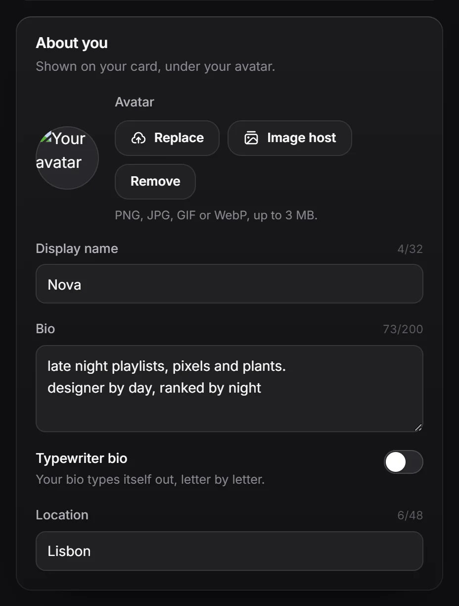 The About you settings with avatar, display name, bio and location