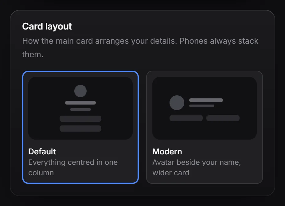 The Default and Modern card layouts