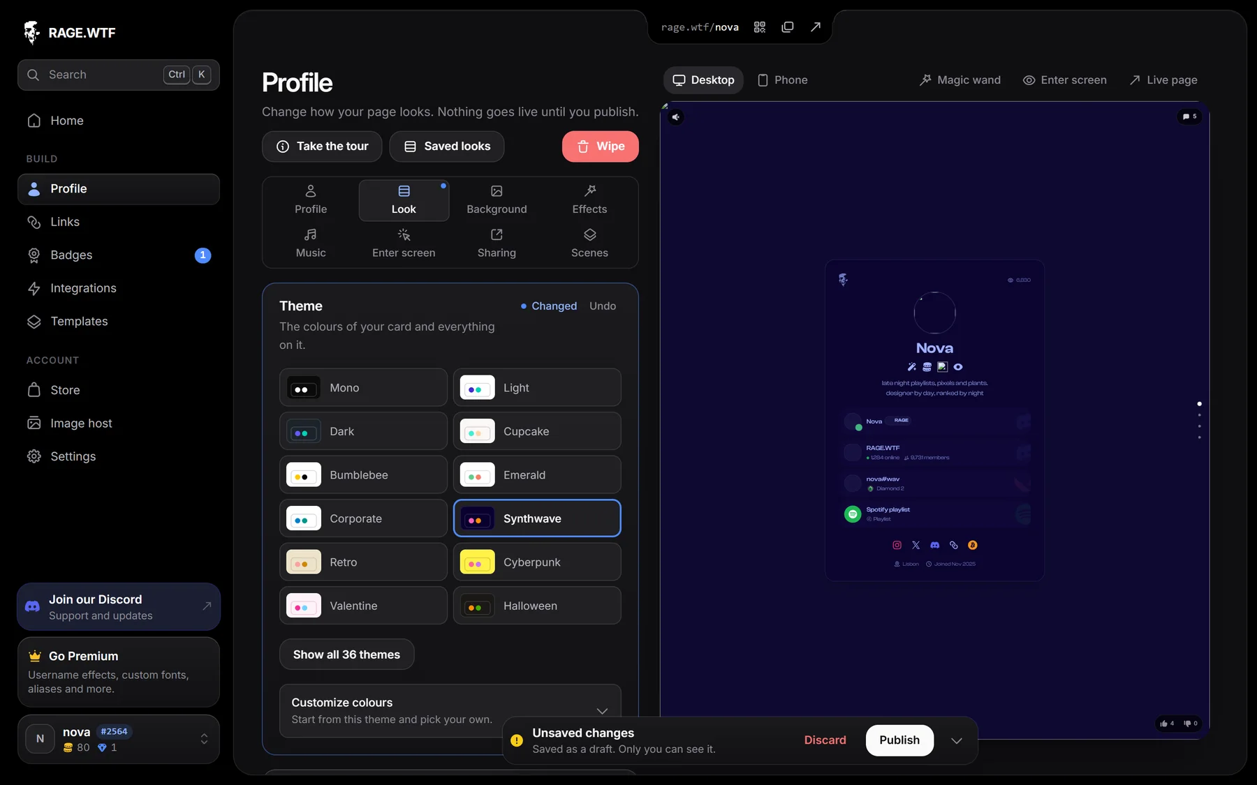 The profile editor with settings on the left and the live preview on the right
