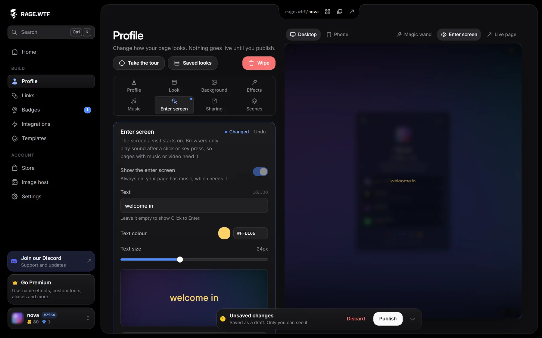 The Enter screen settings with the full enter screen in the preview