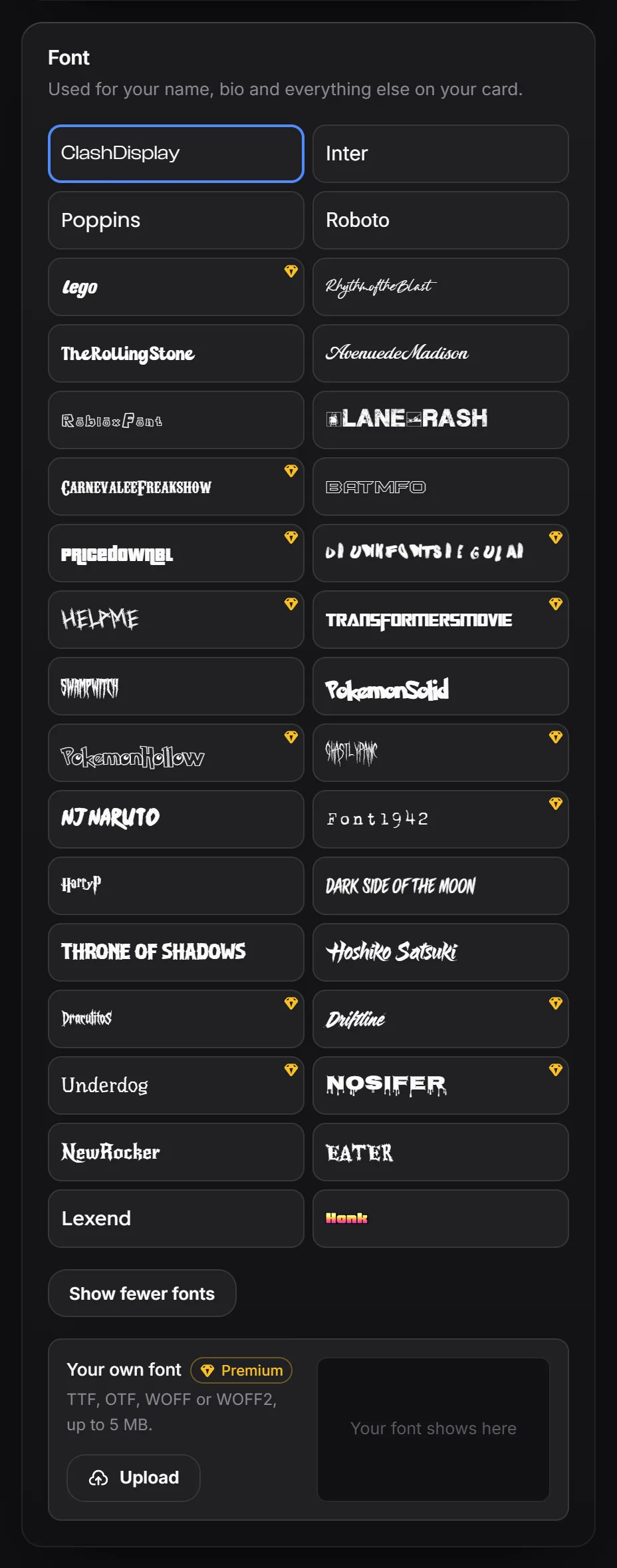 Font tiles with Premium gems and the Your own font box