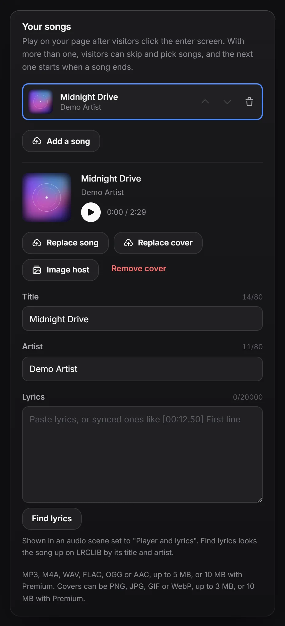 Your track with a cover, title and artist