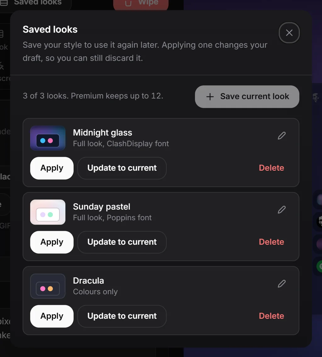 The Saved looks window with a few looks