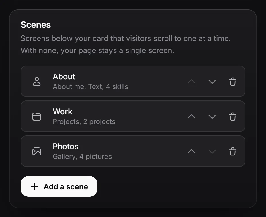 A list of scenes with move and delete buttons