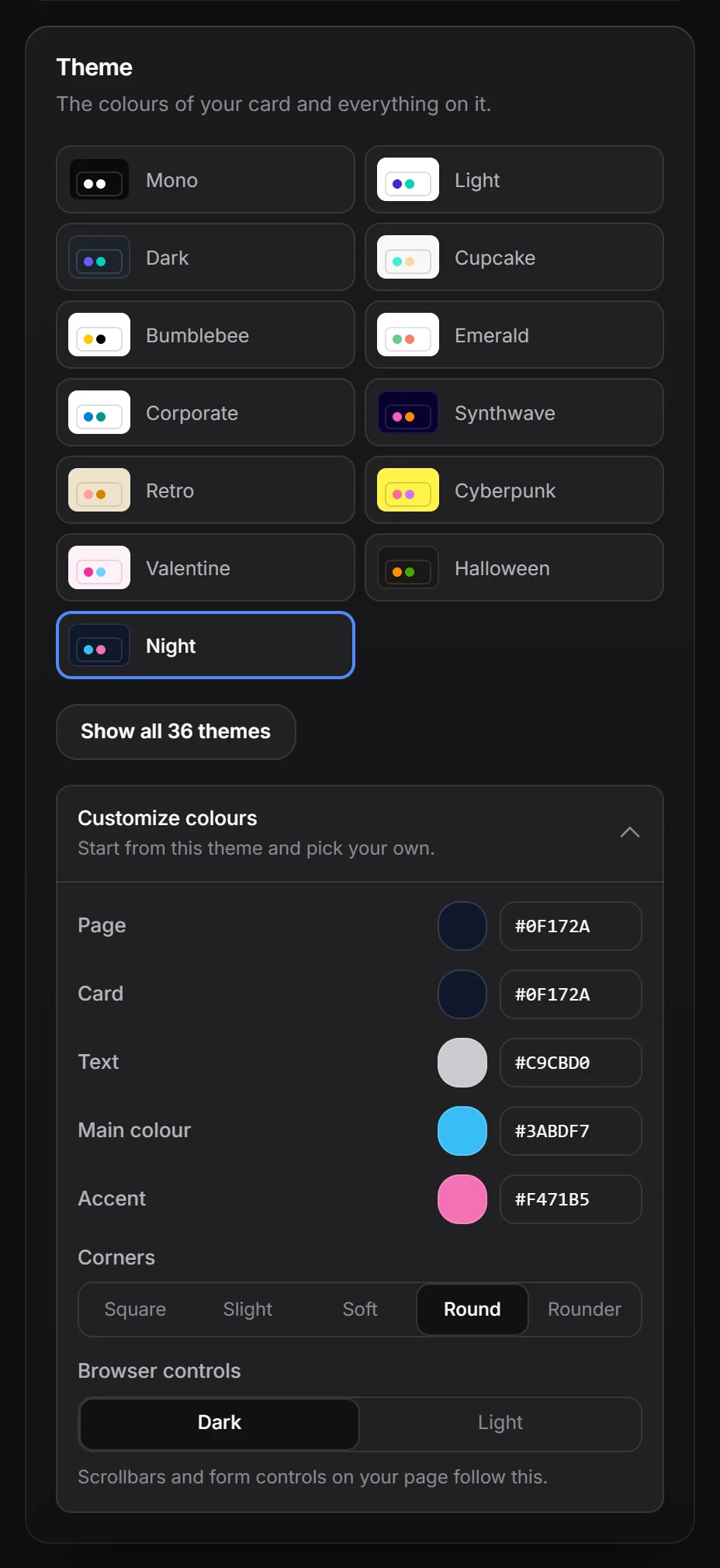 Theme tiles and the Customize colours panel