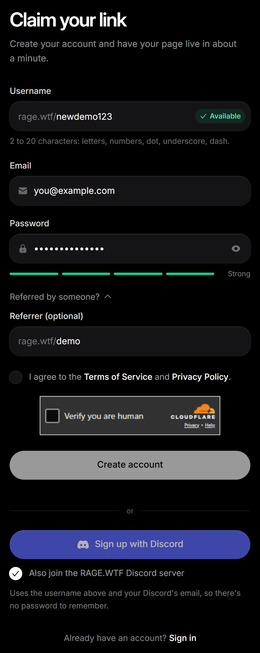 The sign-up form with an available username