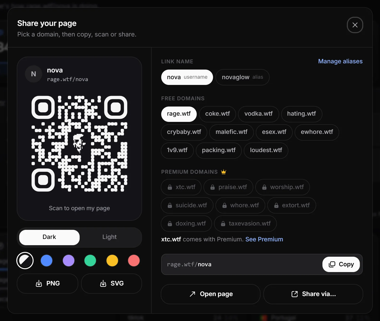 The share dialog with a domain and QR code