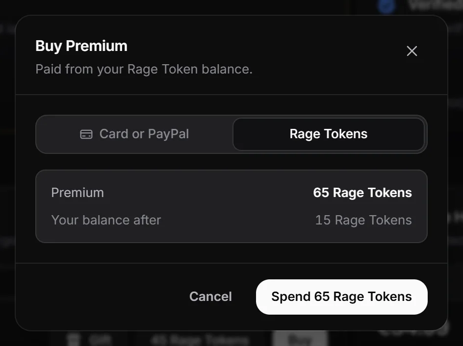 The buy dialog with the card and Rage Tokens options