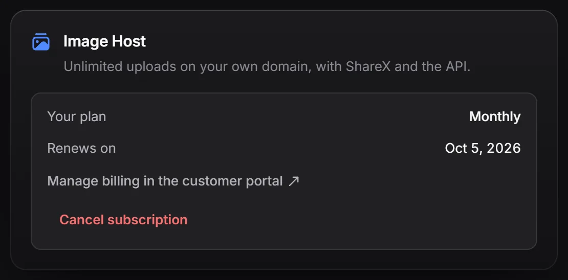 The Image Host card in the Store with an active plan