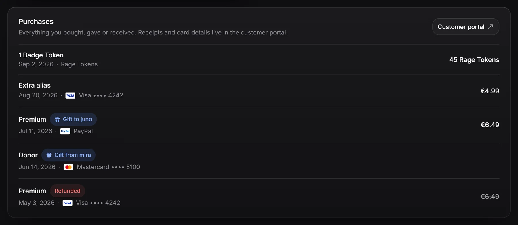 The Purchases list with a gift and a refunded order