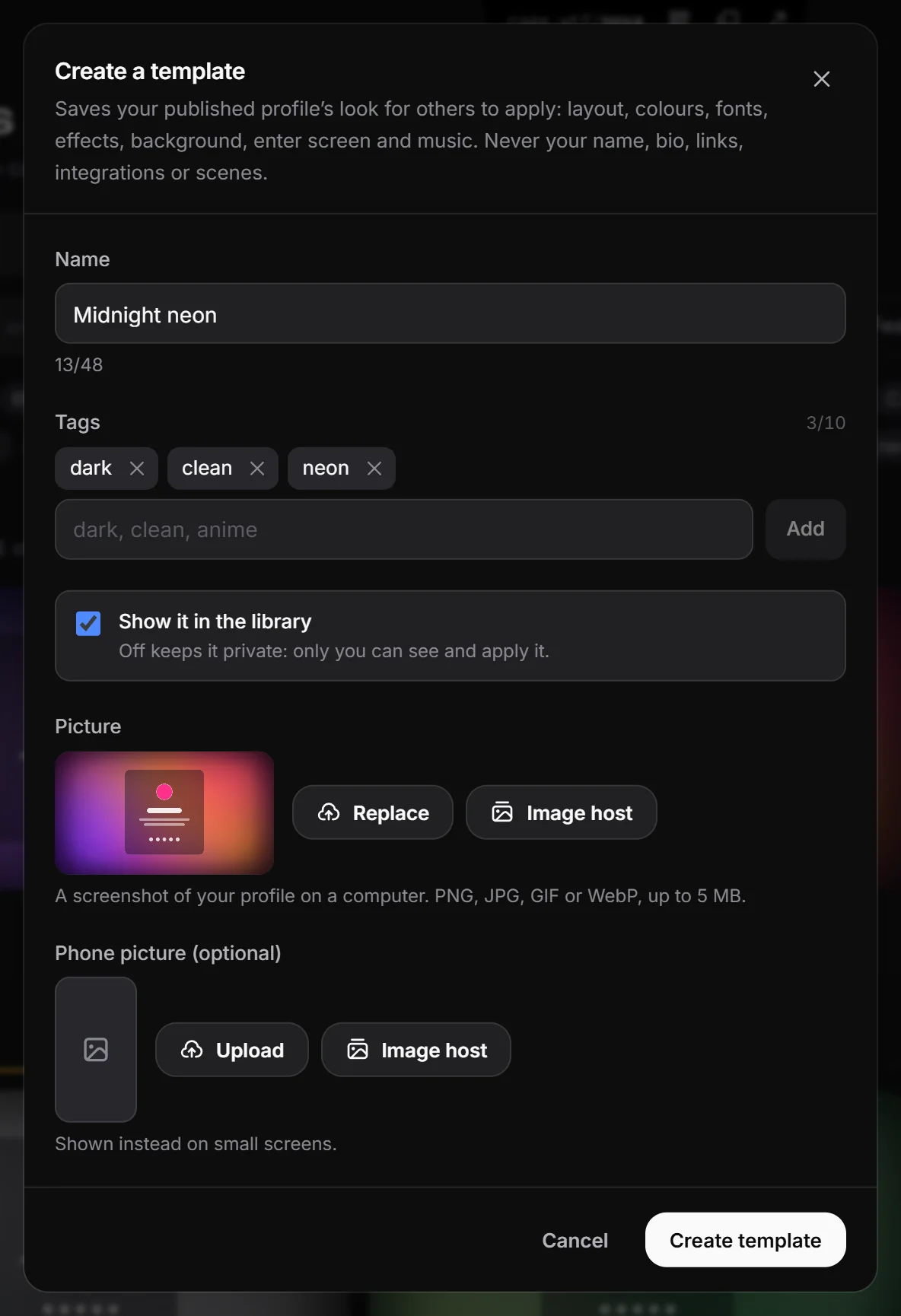 The Create a template form with name, tags and pictures
